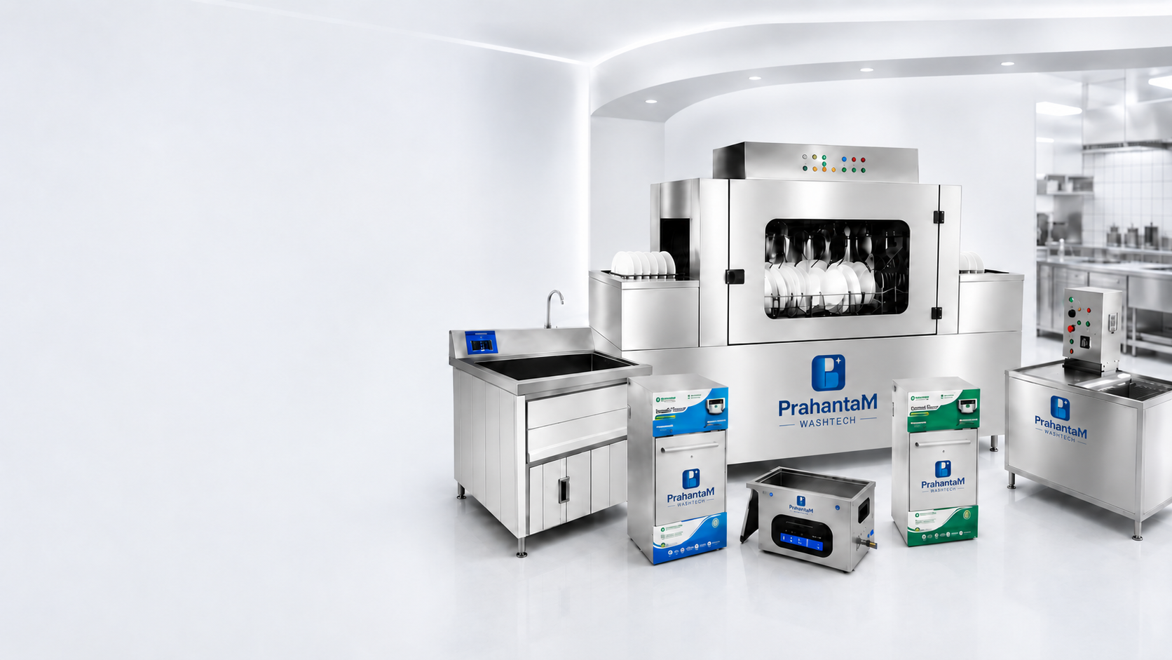 Prahantam commercial washing equipment lineup — dishwasher, sink station and glass washers in a showroom setting