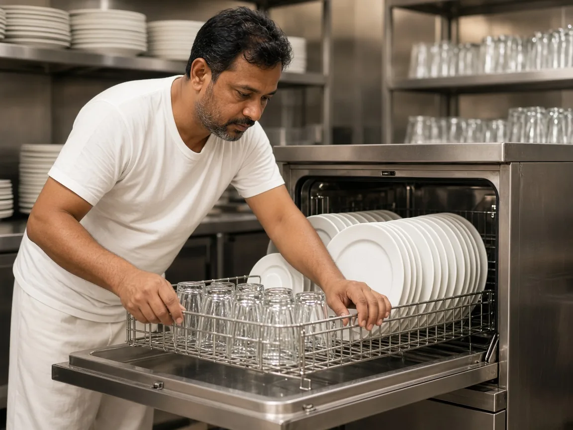 Kitchen staff loading plates and glasses into a commercial dishwasher